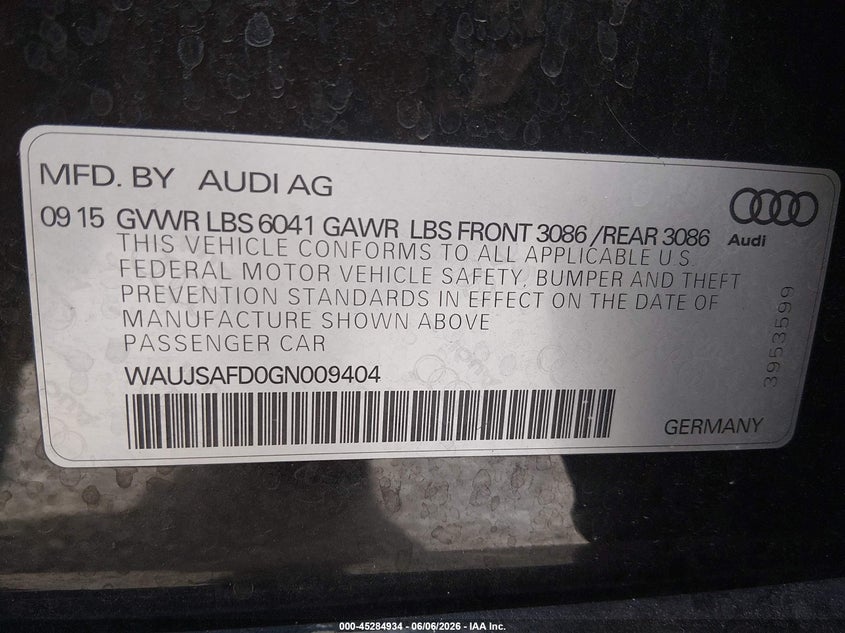 2016 Audi S8 VIN WAUJSAFD0GN009404 IAAI salvage auction — FRONT END, Salvage (Colorado), sold $12,600 on 2026-08-19 (photo 9)