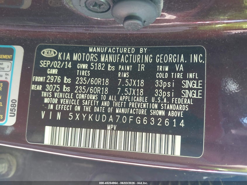 2015 Kia Sorento VIN 5XYKUDA70FG632614 IAAI salvage auction — FRONT END, Salvage Title, sold $1,800 on 2026-07-16 (photo 9)