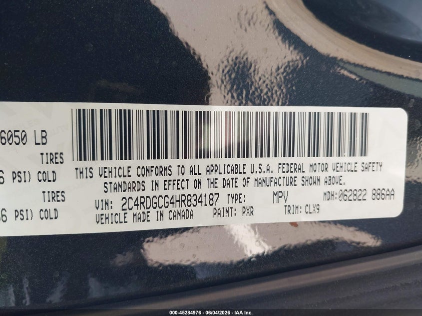 2017 Dodge Caravan VIN 2C4RDGCG4HR834187 IAAI salvage auction — FRONT END, Salvage Title, sold $1,300 on 2026-07-23 (photo 9)