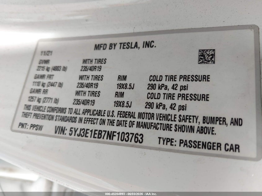 2022 Tesla Model 3 VIN 5YJ3E1EB7NF103763 IAAI salvage auction — ALL OVER, Salvage Title, sold $4,900 on 2026-07-09 (photo 9)