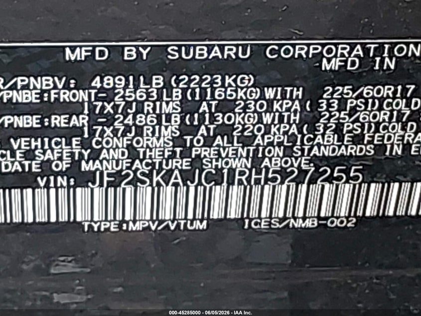2024 Subaru Forester VIN JF2SKAJC1RH527255 IAAI salvage auction — FRONT & REAR, Salvage Title, sold $8,750 on 2026-07-14 (photo 9)