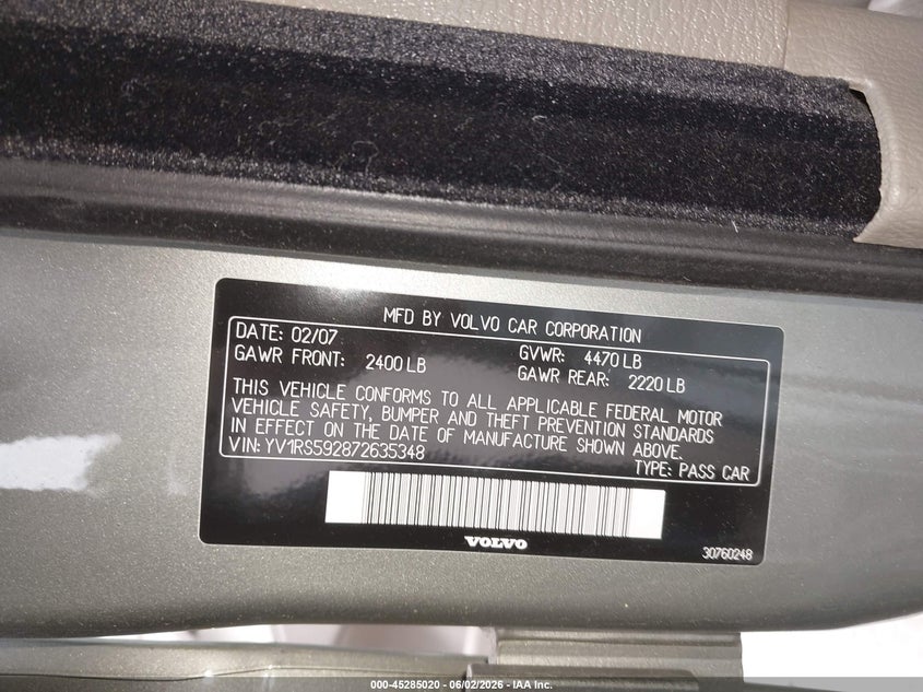 2007 Volvo S60 VIN YV1RS592872635348 IAAI salvage auction — NORMAL WEAR, Original (Maine), sold $300 on 2026-07-13 (photo 9)