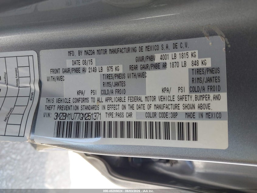 2016 Mazda 3 VIN 3MZBM1U77GM251371 IAAI salvage auction — FRONT END, Salvage Title, sold $600 on 2026-07-15 (photo 9)