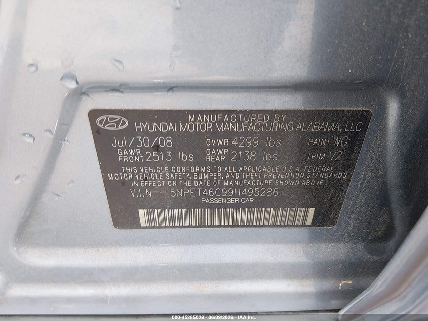 2009 Hyundai Sonata VIN 5NPET46C99H495286 IAAI salvage auction — FRONT END, Salvage (North Carolina), sold $475 on 2026-07-08 (photo 9)