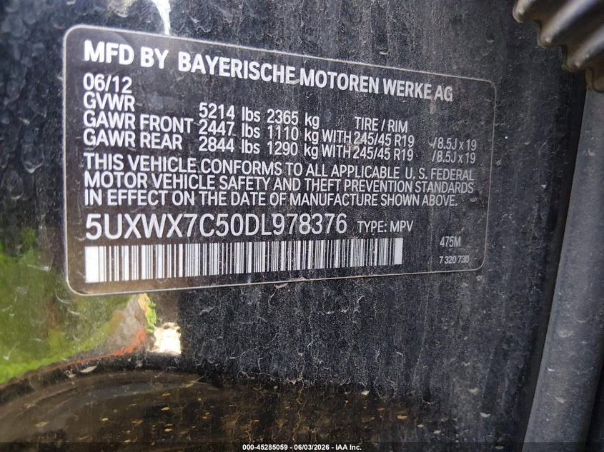 2013 BMW X3 VIN 5UXWX7C50DL978376 IAAI salvage auction — INTERIOR BURN, Salvage (Nevada), sold $25 on 2026-07-31 (photo 9)