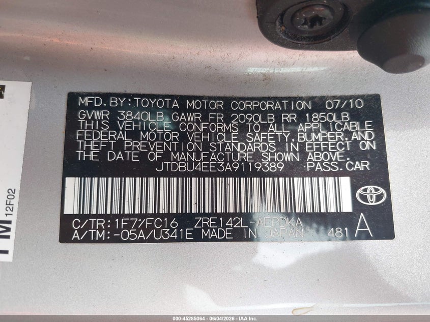 2010 Toyota Corolla VIN JTDBU4EE3A9119389 IAAI salvage auction — LEFT REAR, Salvage (Kansas), sold $1,850 on 2026-07-22 (photo 9)