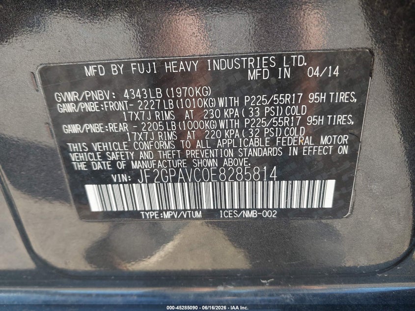 2014 Subaru Xv VIN JF2GPAVC0E8285814 IAAI salvage auction — RIGHT FRONT, Mv-907A (New York), sold $650 on 2026-07-28 (photo 9)