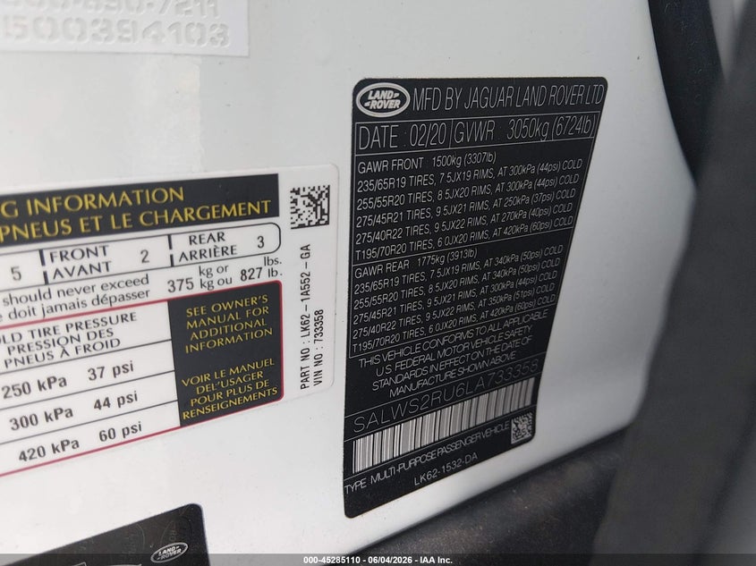 2020 Land rover Range rover sport VIN SALWS2RU6LA733358 IAAI salvage auction — FRONT END, Salvage Title, sold $11,100 on 2026-07-29 (photo 9)
