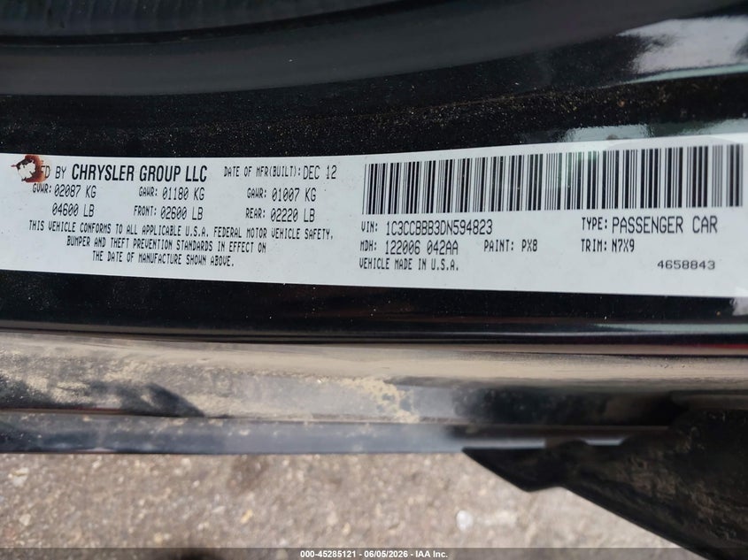 2013 Chrysler 200 VIN 1C3CCBBB3DN594823 IAAI salvage auction — FRONT END, Salvage Title, sold $300 on 2026-07-27 (photo 9)