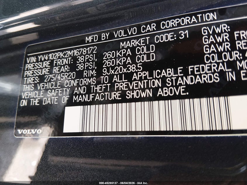 2021 Volvo Xc90 VIN YV4102PK2M1678172 IAAI salvage auction — FRONT END, Salvage Title, sold $6,100 on 2026-07-15 (photo 9)