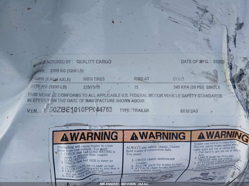 2023 Quality 10' cargo enclosed VIN 50ZBE1010PP044763 IAAI salvage auction — SIDE, Salvage (Texas), sold $600 on 2026-07-29 (photo 9)