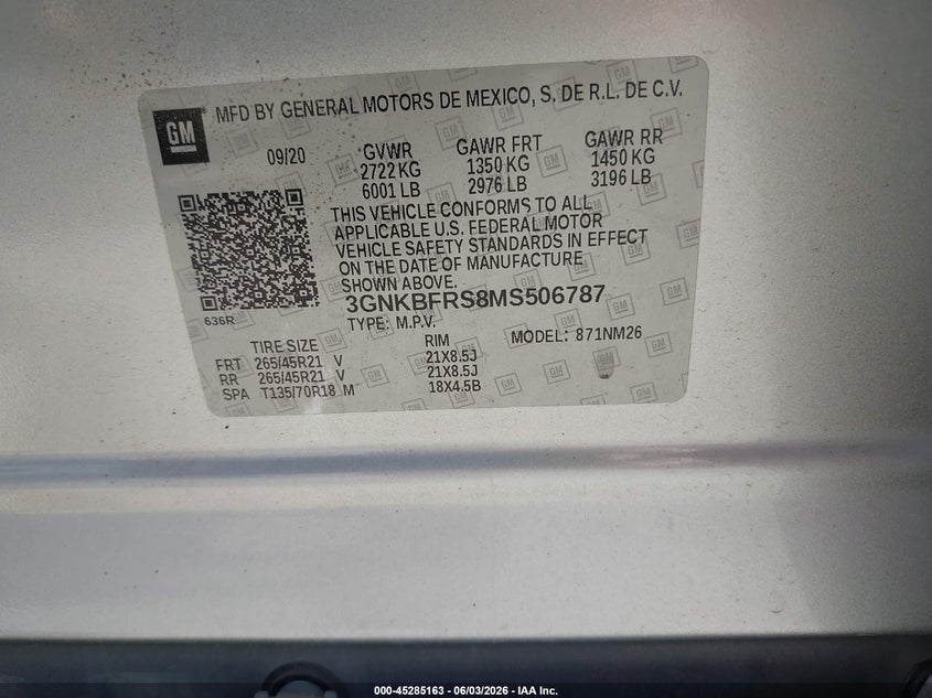 2021 Chevrolet Blazer VIN 3GNKBFRS8MS506787 IAAI salvage auction — FRONT END, Salvage (Indiana), sold $2,650 on 2026-08-22 (photo 9)