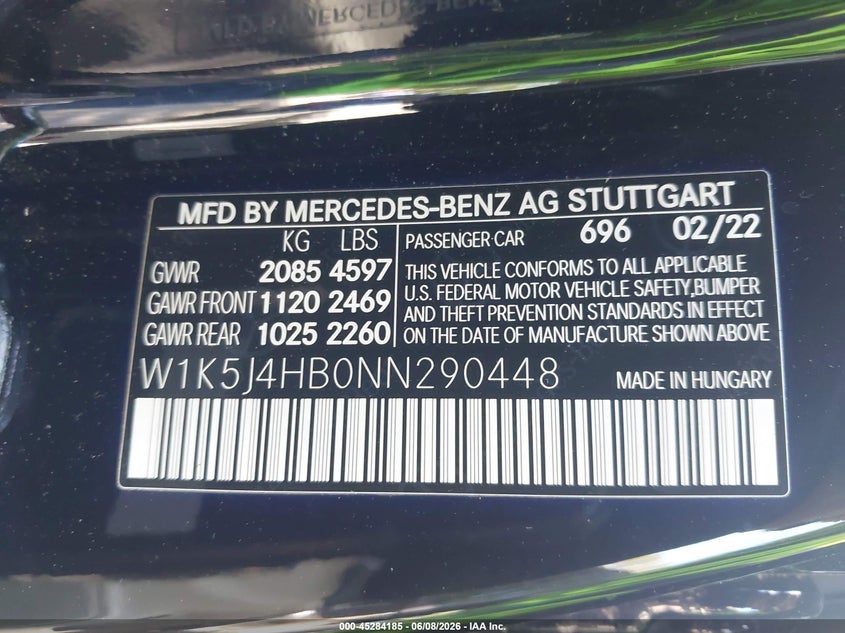 2022 Mercedes-benz VIN W1K5J4HB0NN290448 IAAI salvage auction — FRONT END, Salvage Title, sold $2,000 on 2026-07-21 (photo 9)