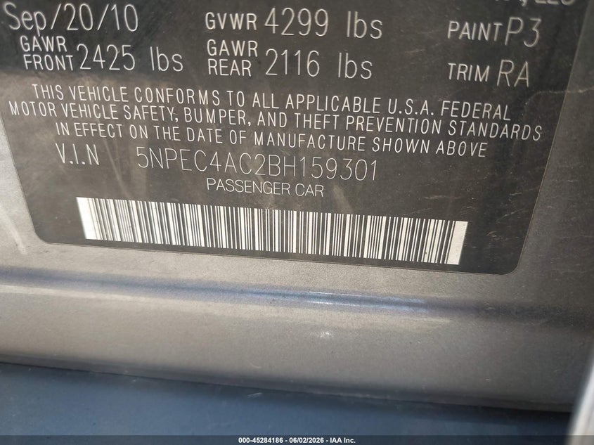 2011 Hyundai Sonata VIN 5NPEC4AC2BH159301 IAAI salvage auction — NORMAL WEAR, Clear (Indiana), sold $400 on 2026-07-15 (photo 9)