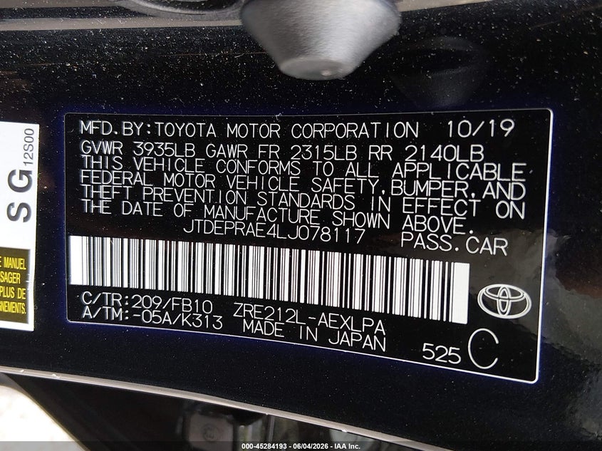 2020 Toyota Corolla VIN JTDEPRAE4LJ078117 IAAI salvage auction — FRONT & REAR, Salvage (New Jersey), sold $1,600 on 2026-07-27 (photo 9)