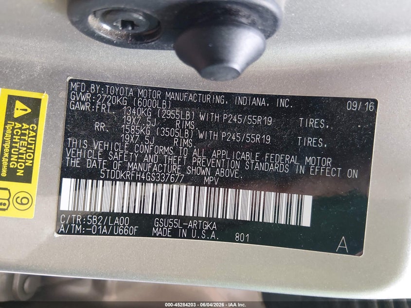 2016 Toyota Highlander VIN 5TDDKRFH4GS337677 IAAI salvage auction — RIGHT REAR, Salvage Title, sold $7,000 on 2026-07-10 (photo 9)