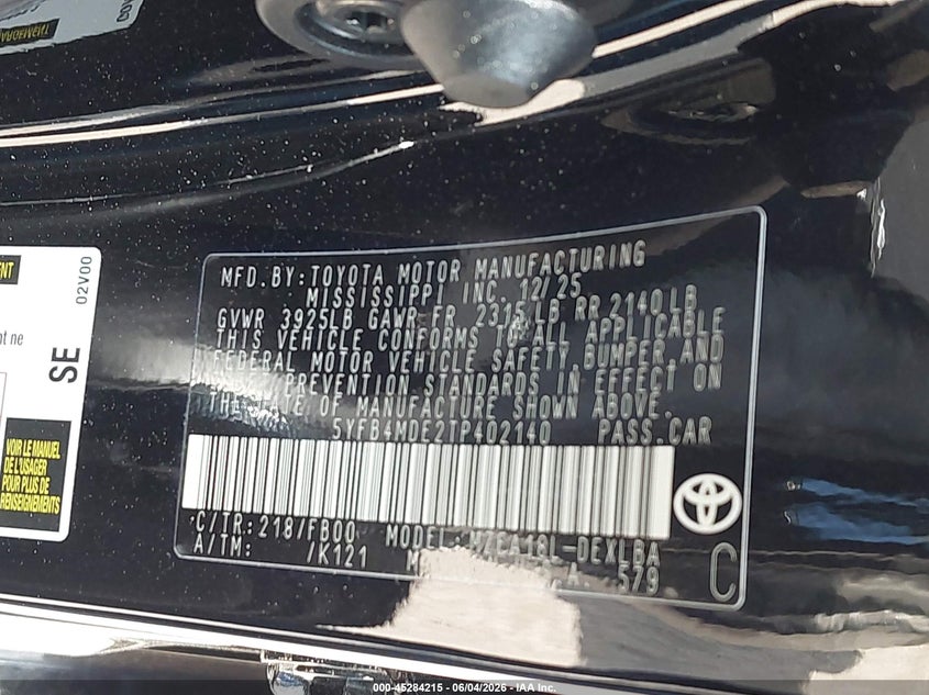 2026 Toyota Corolla VIN 5YFB4MDE2TP402140 IAAI salvage auction — FRONT & REAR, Salvage Title, sold $6,200 on 2026-07-28 (photo 9)