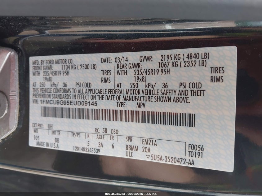 2014 Ford Escape VIN 1FMCU9G95EUD09145 IAAI salvage auction — RIGHT FRONT, Salvage Title, sold $1,100 on 2026-07-10 (photo 9)