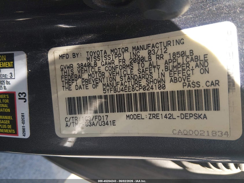 2012 Toyota Corolla VIN 5YFBU4EE8CP024100 IAAI salvage auction — NORMAL WEAR, Clear - Dealer Only (California), sold $1,875 on 2026-07-14 (photo 9)