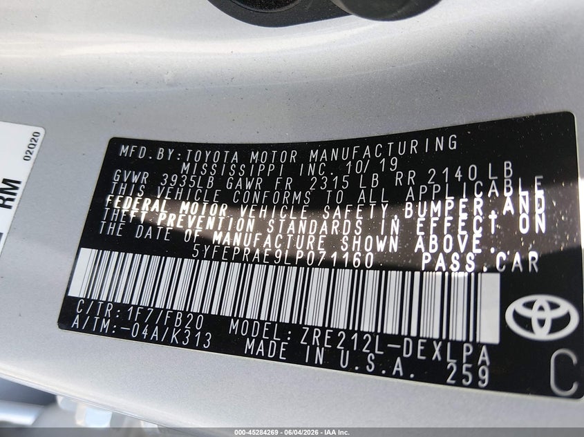 2020 Toyota Corolla VIN 5YFEPRAE9LP071160 IAAI salvage auction — RIGHT SIDE, Salvage Title, sold $4,500 on 2026-07-08 (photo 9)