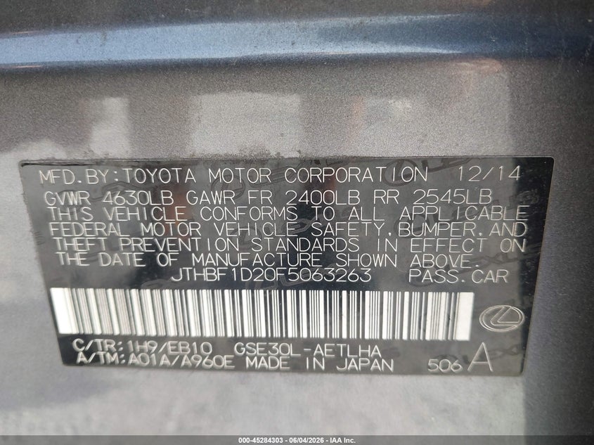 2015 Lexus Is VIN JTHBF1D20F5063263 IAAI salvage auction — REAR END, Salvage Title, sold $1,050 on 2026-07-16 (photo 9)