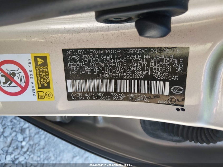 2015 Lexus ES VIN JTHBK1GG1F2201039 IAAI salvage auction — REAR END, Salvage Title, sold $3,750 on 2026-07-29 (photo 9)