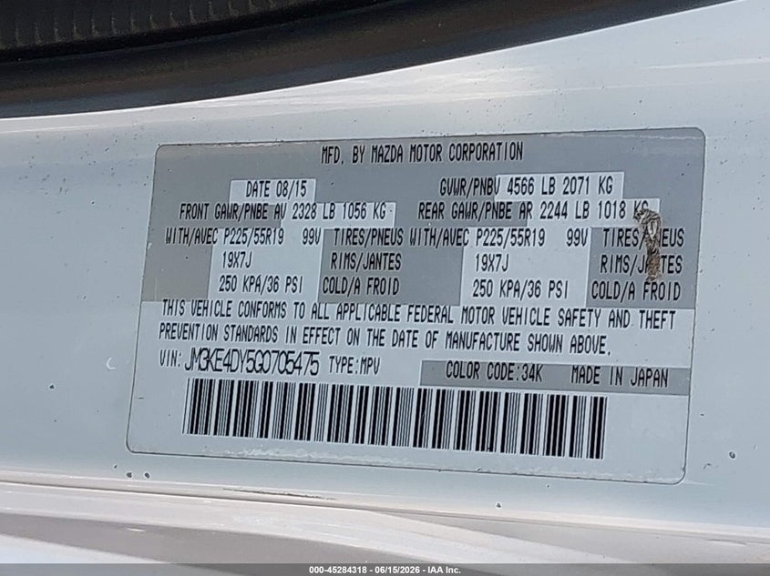 2016 Mazda Cx-5 VIN JM3KE4DY5G0705475 IAAI salvage auction — MECHANICAL, Salvage Title, sold $275 on 2026-07-21 (photo 9)