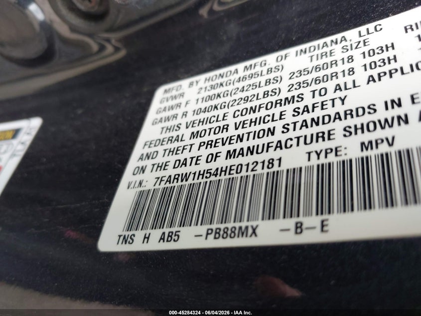 2017 Honda Cr-v VIN 7FARW1H54HE012181 IAAI salvage auction — UNKNOWN, Salvage (Texas), sold $2,900 on 2026-07-22 (photo 9)
