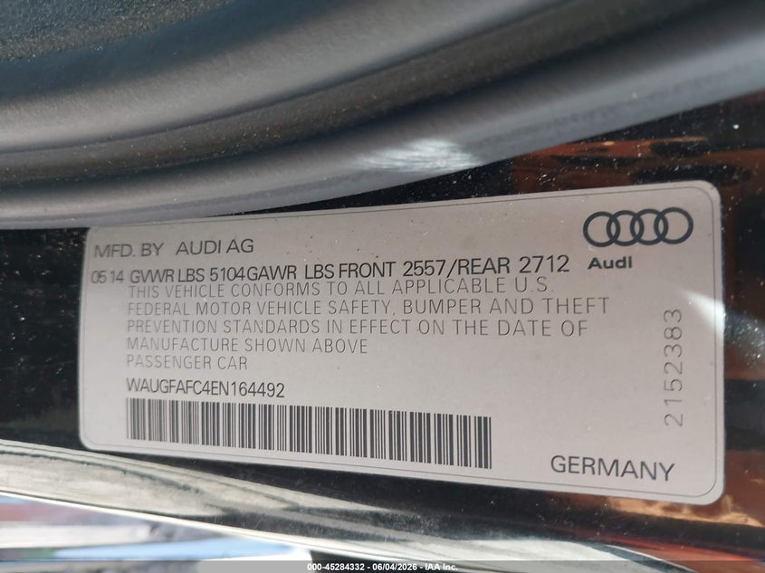 2014 Audi A6 VIN WAUGFAFC4EN164492 IAAI salvage auction — LEFT REAR, Salvage Title, sold $1,425 on 2026-07-15 (photo 9)