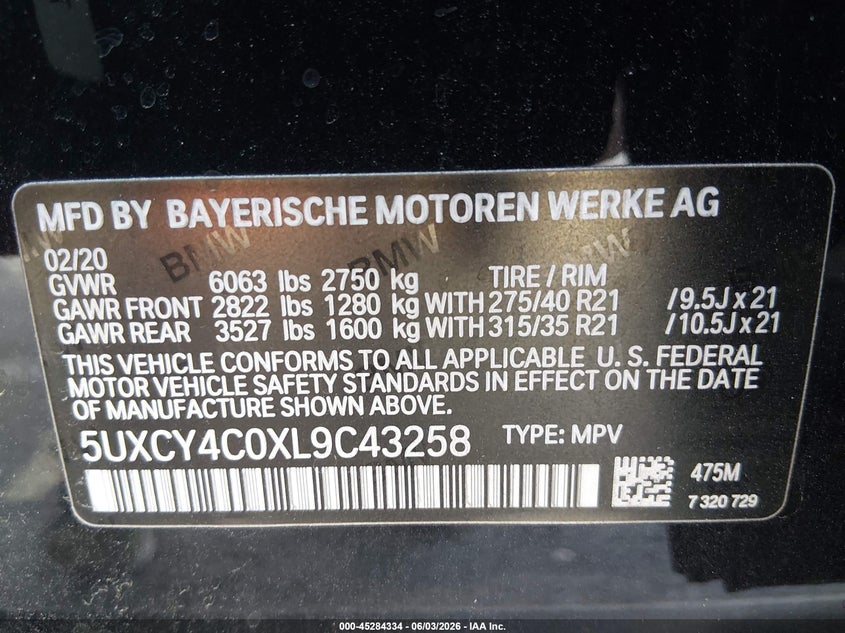 2020 BMW X6 VIN 5UXCY4C0XL9C43258 IAAI salvage auction — REAR END, Salvage (Nevada), sold $16,800 on 2026-07-29 (photo 9)