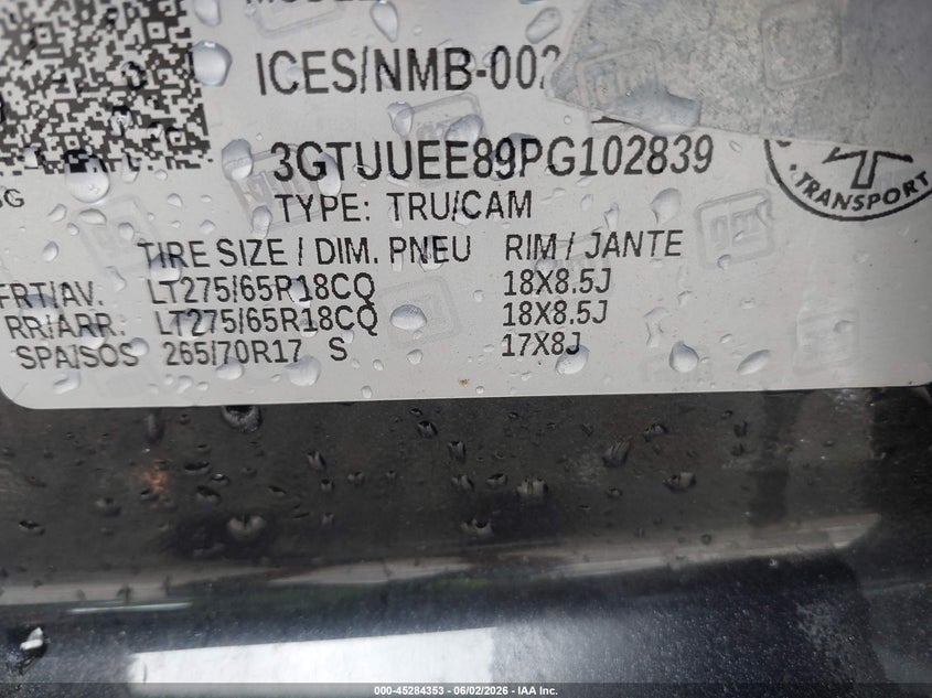 2023 Gmc SIERRA VIN 3GTUUEE89PG102839 IAAI salvage auction — REAR END, Salvage Title, sold $25,250 on 2026-07-17 (photo 9)