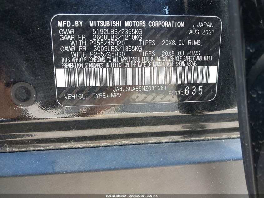 2022 Mitsubishi Outlander VIN JA4J3UA85NZ031961 IAAI salvage auction — FRONT END, Salvage Title, sold $4,350 on 2026-07-30 (photo 9)