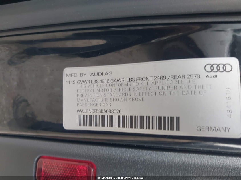 2019 Audi A5 VIN WAUENCF53KA098026 IAAI salvage auction — FRONT END, Salvage Title, sold $8,800 on 2026-07-22 (photo 9)