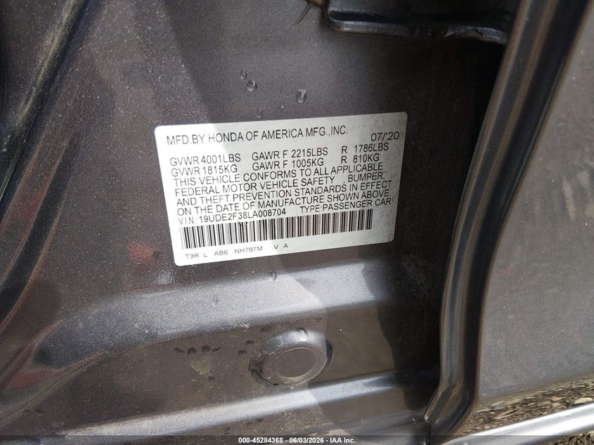 2020 Acura Ilx VIN 19UDE2F38LA008704 IAAI salvage auction — RIGHT SIDE, Salvage Title, sold $4,000 on 2026-07-23 (photo 9)