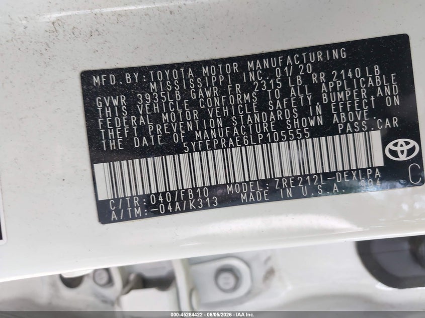 2020 Toyota Corolla VIN 5YFEPRAE6LP105555 IAAI salvage auction — SIDE, Salvage Title, sold $2,850 on 2026-07-16 (photo 9)