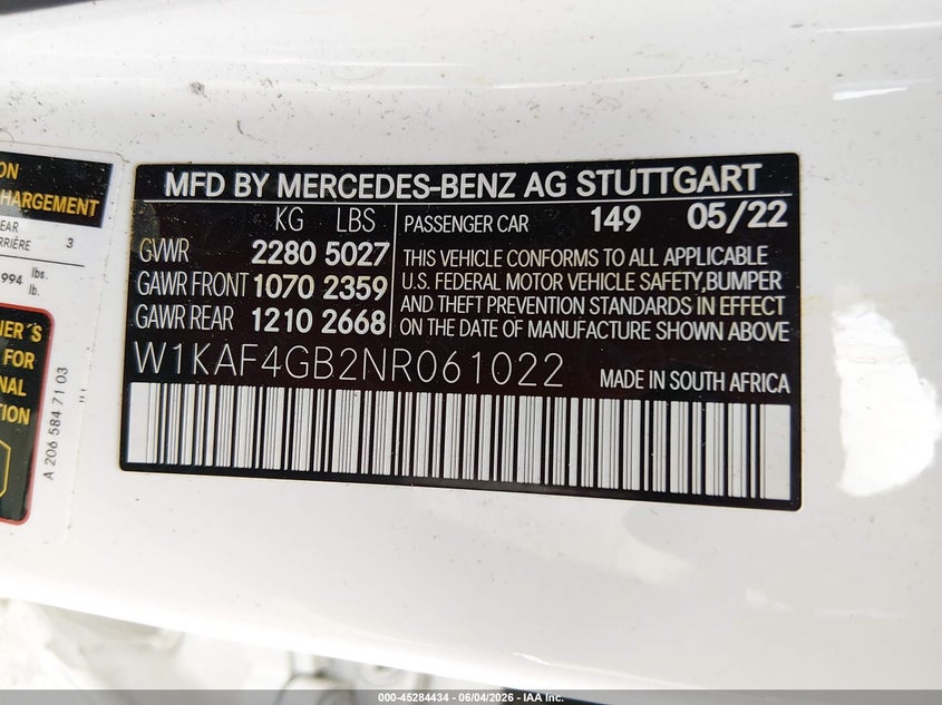2022 Mercedes-benz C-klasse VIN W1KAF4GB2NR061022 IAAI salvage auction — SIDE, Salvage Title, sold $10,700 on 2026-08-02 (photo 9)