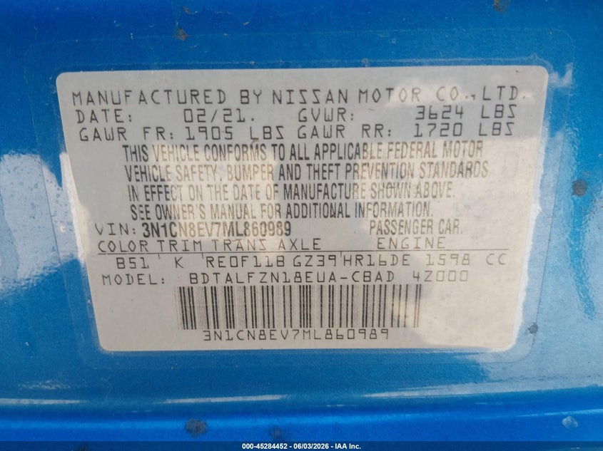 2021 Nissan Versa VIN 3N1CN8EV7ML860989 IAAI salvage auction — LEFT REAR, Salvage Title, sold $2,050 on 2026-07-18 (photo 9)