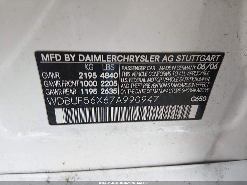 2007 Mercedes-benz E-klasse VIN WDBUF56X67A990947 IAAI salvage auction — REAR END, Salvage (Kansas), sold $600 on 2026-08-14 (photo 9)