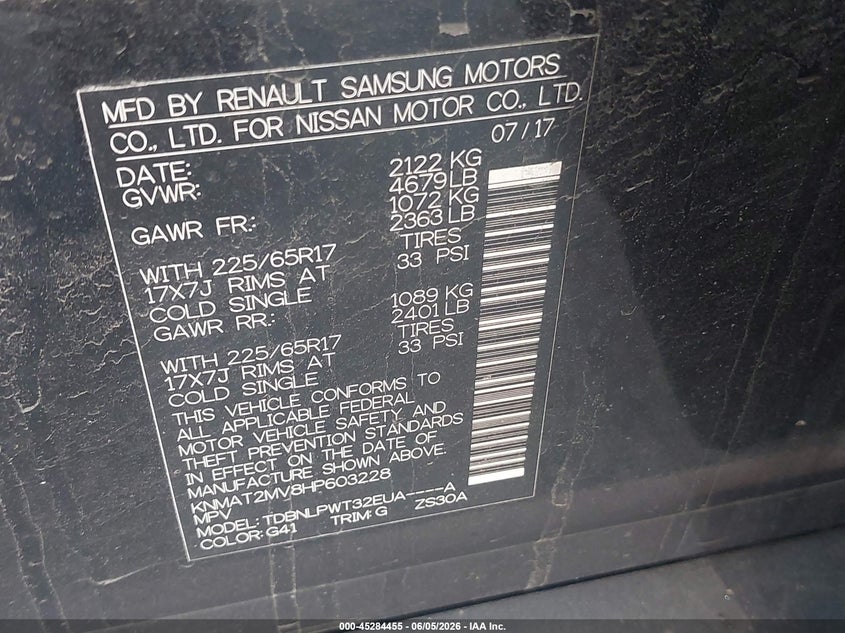 2017 Nissan Rogue VIN KNMAT2MV8HP603228 IAAI salvage auction — THEFT, Salvage Title, sold $1,300 on 2026-07-13 (photo 9)