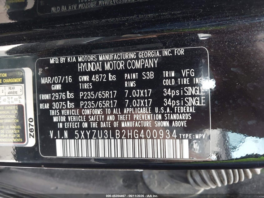 2017 Hyundai Santa fe VIN 5XYZU3LB2HG400934 IAAI salvage auction — RIGHT SIDE, Original (Texas), sold $2,150 on 2026-08-02 (photo 9)