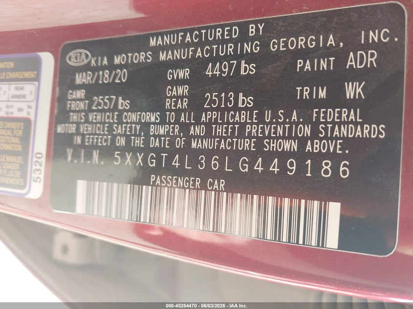 2020 Kia Optima VIN 5XXGT4L36LG449186 IAAI salvage auction — FRONT END, Salvage Title, sold $1,650 on 2026-07-28 (photo 9)