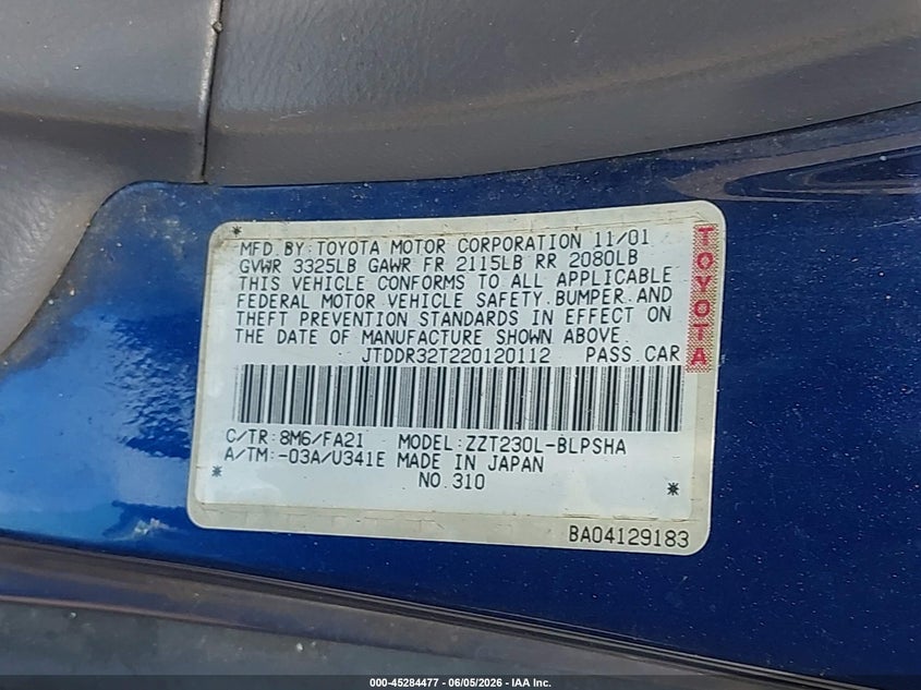 2002 Toyota Celica VIN JTDDR32T220120112 IAAI salvage auction — NORMAL WEAR, Clear (Virginia), sold $325 on 2026-07-08 (photo 9)