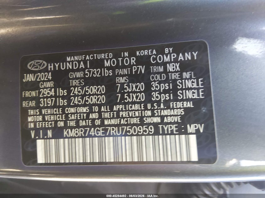 2024 Hyundai Palisade VIN KM8R74GE7RU750959 IAAI salvage auction — FRONT END, Salvage Title, sold $11,700 on 2026-07-24 (photo 9)