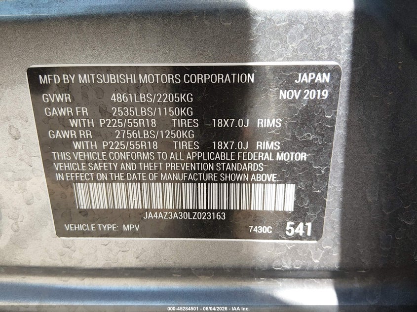 2020 Mitsubishi Outlander VIN JA4AZ3A30LZ023163 IAAI salvage auction — FRONT END, Salvage Title, sold $4,650 on 2026-07-16 (photo 9)