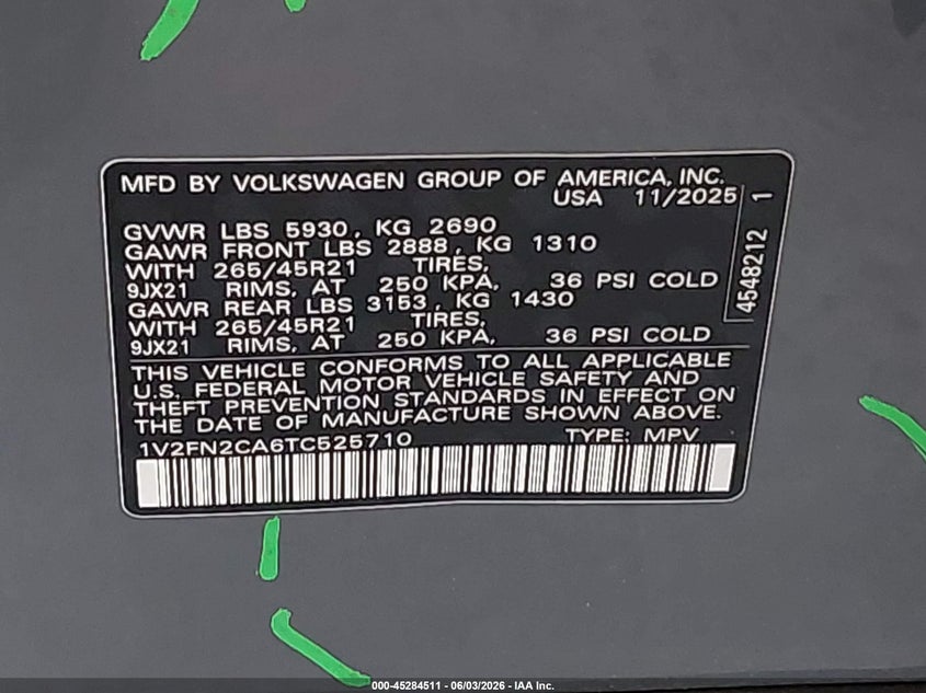 2026 Volkswagen Atlas VIN 1V2FN2CA6TC525710 IAAI salvage auction — LEFT SIDE, Salvage Title, sold $16,500 on 2026-07-30 (photo 9)