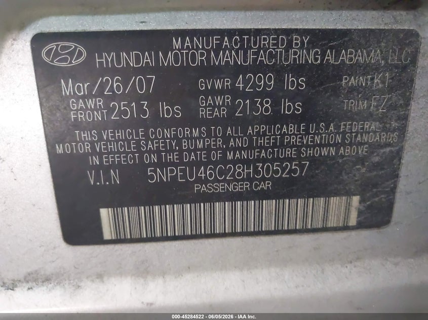 2008 Hyundai Sonata VIN 5NPEU46C28H305257 IAAI salvage auction — FRONT END, Clear (Virginia), sold $350 on 2026-07-09 (photo 9)