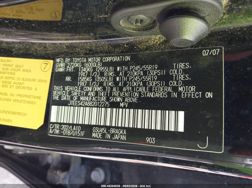 2008 Toyota Highlander VIN JTEES42A882012275 IAAI salvage auction — NORMAL WEAR, Clear (New Mexico), sold $2,600 on 2026-07-13 (photo 9)