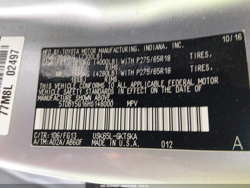 2017 Toyota Sequoia VIN 5TDBY5G16HS148000 IAAI salvage auction — REAR END, Salvage Title, sold $6,300 on 2026-07-23 (photo 9)