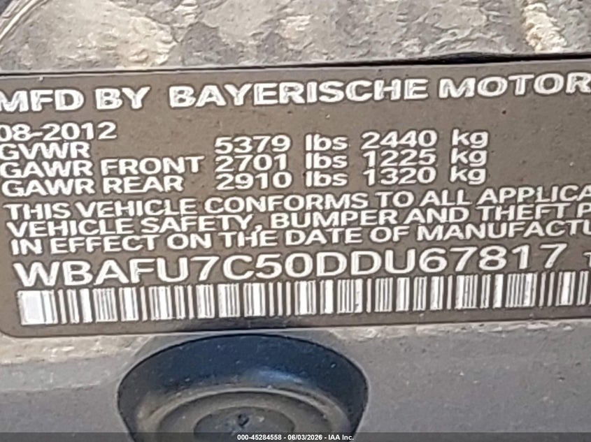 2013 BMW 5er VIN WBAFU7C50DDU67817 IAAI salvage auction — FRONT END, Salvage Title, sold $25 on 2026-07-21 (photo 9)