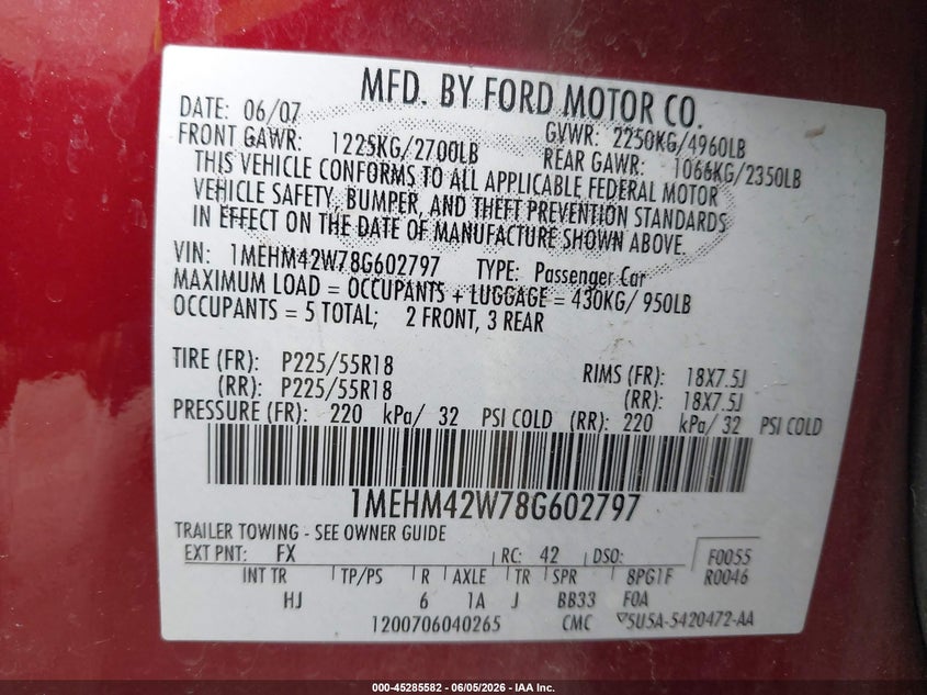 2008 Mercury Sable VIN 1MEHM42W78G602797 IAAI salvage auction — FRONT END, Clear (Indiana), sold $575 on 2026-07-18 (photo 9)
